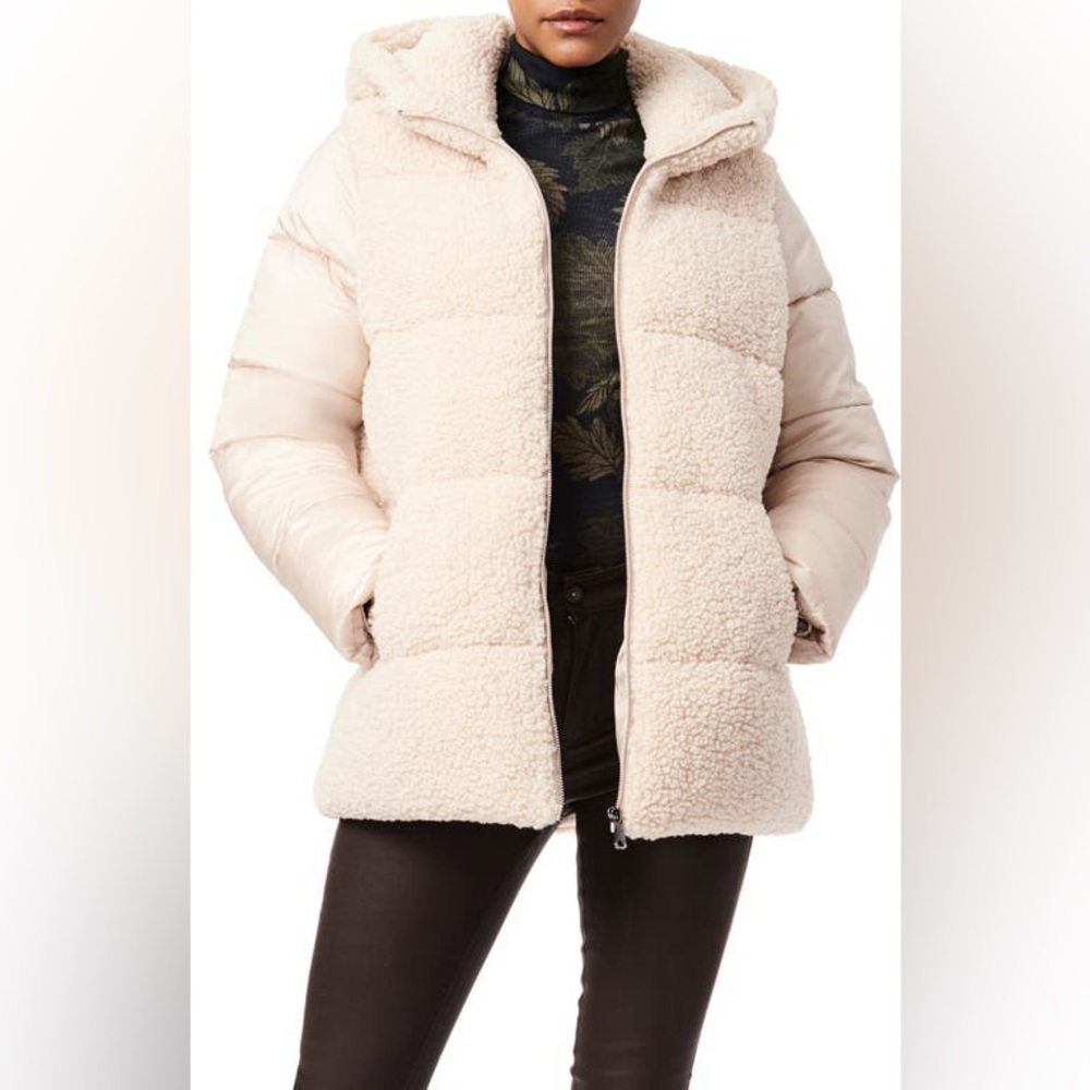 Bernardo Mixed Media Quilted Hooded Puffer Jacket in Cream XS